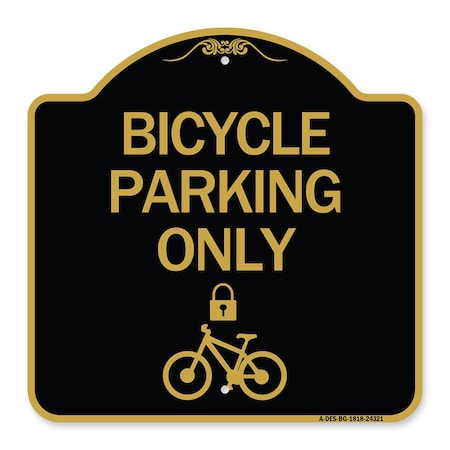 Signmission Bicycle Parking W/ Cycle and Lock, Black & Gold Aluminum Sign, 18" x 18", BG-1818-24321 A-DES-BG-1818-24321